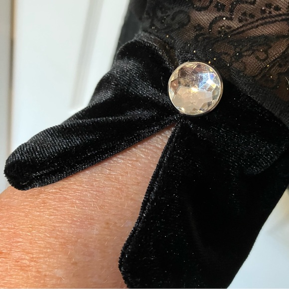 Black sheer blouse with velvet collar, rhinestone buttons, glittery designs - Picture 3 of 6